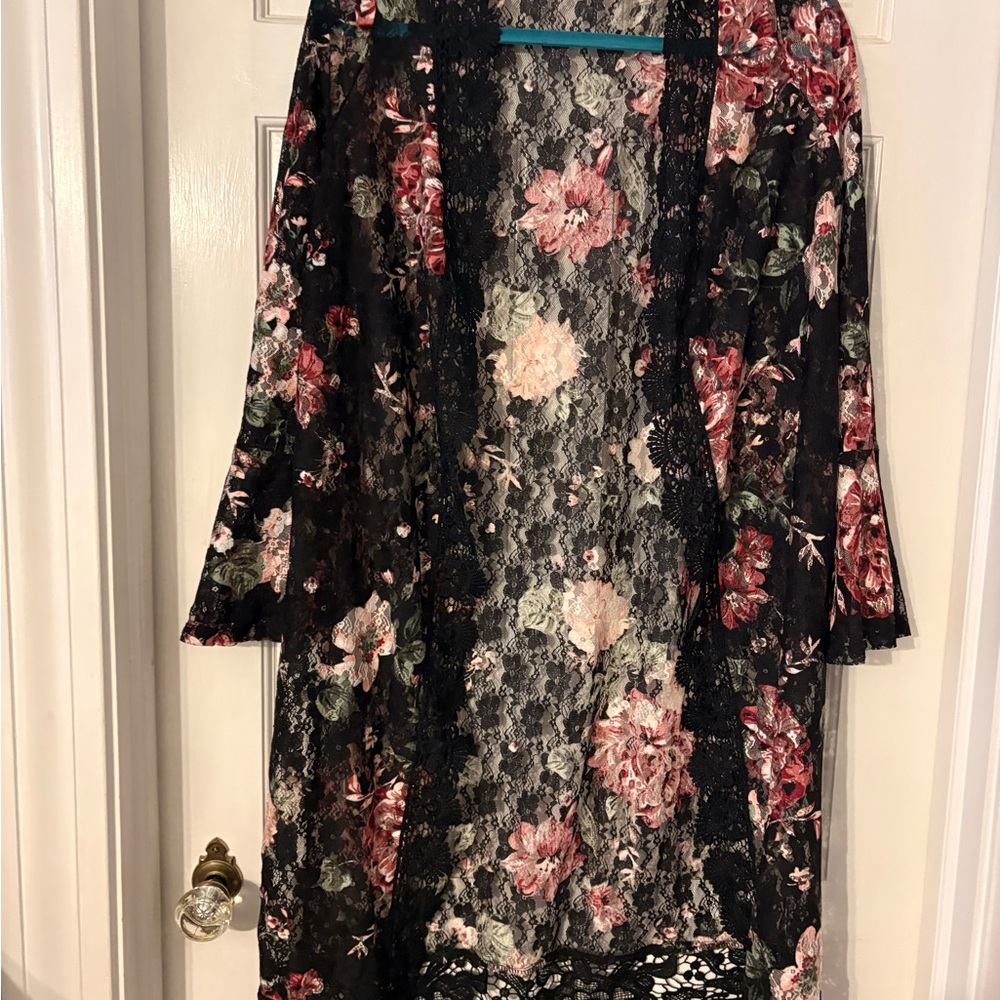 Black Lace Floral Boho Kimono